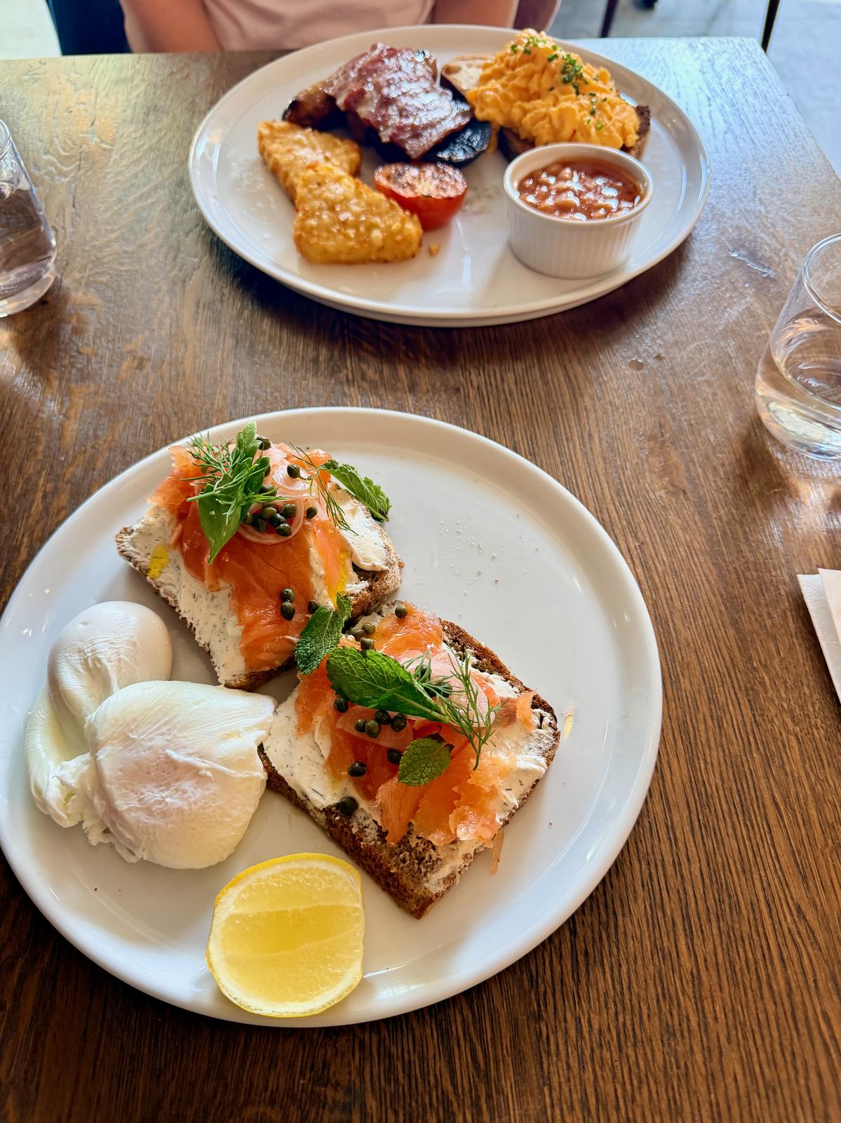 Smoked salmon sandwiches and full English breakfast