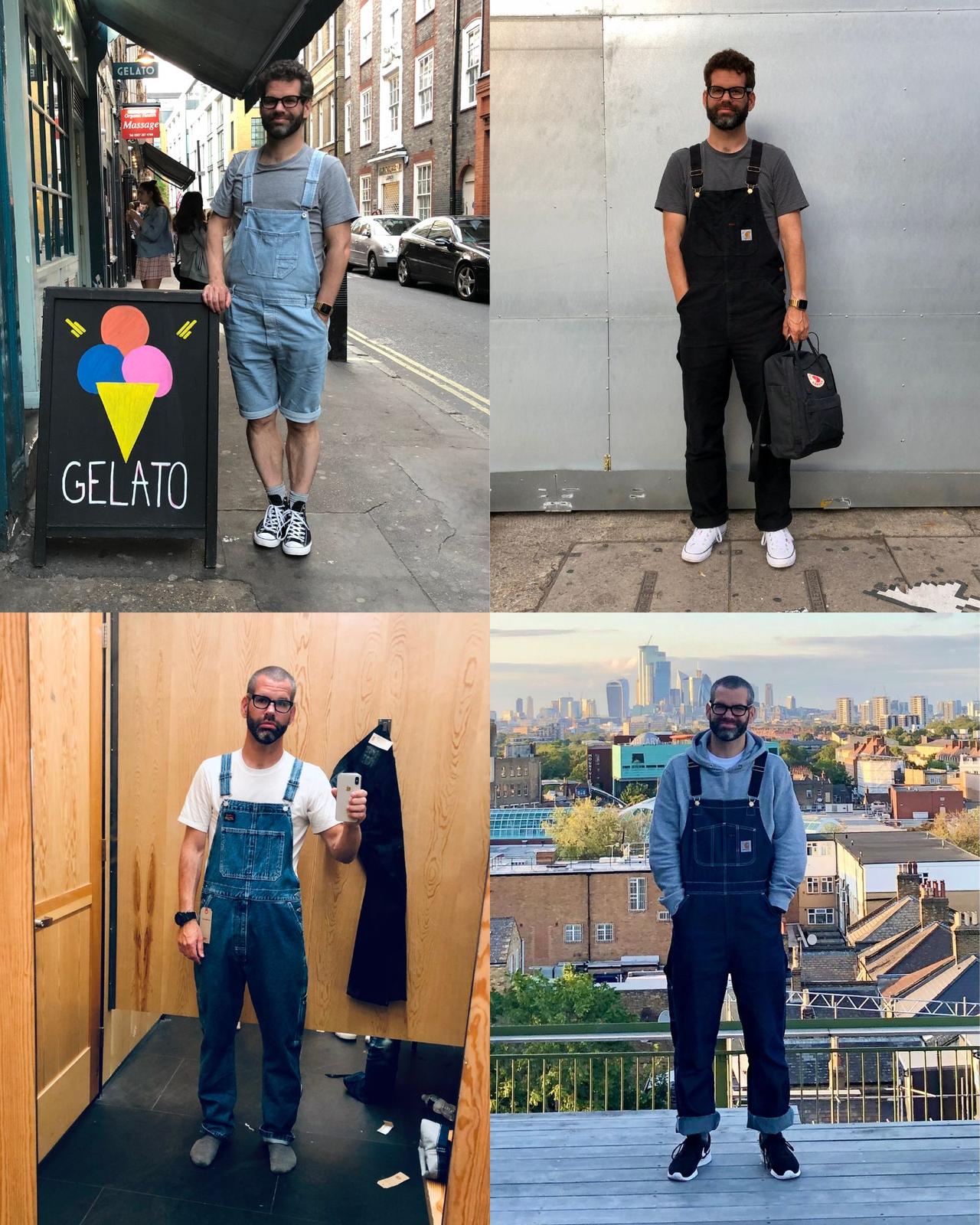 4 images of me wearing dungarees