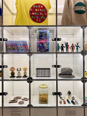 A minimalist shelf containing Game & Watch, action figures etc
