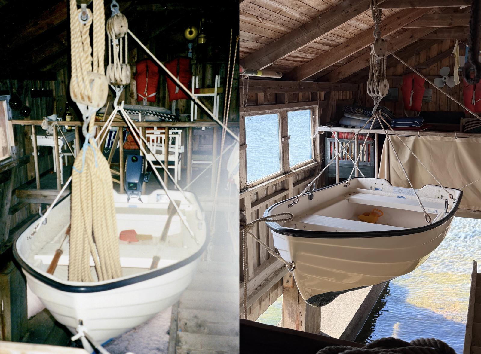 2 photos side-by-side of a Uttern 2600 hanging in a boathouse, with quite a few years in between.