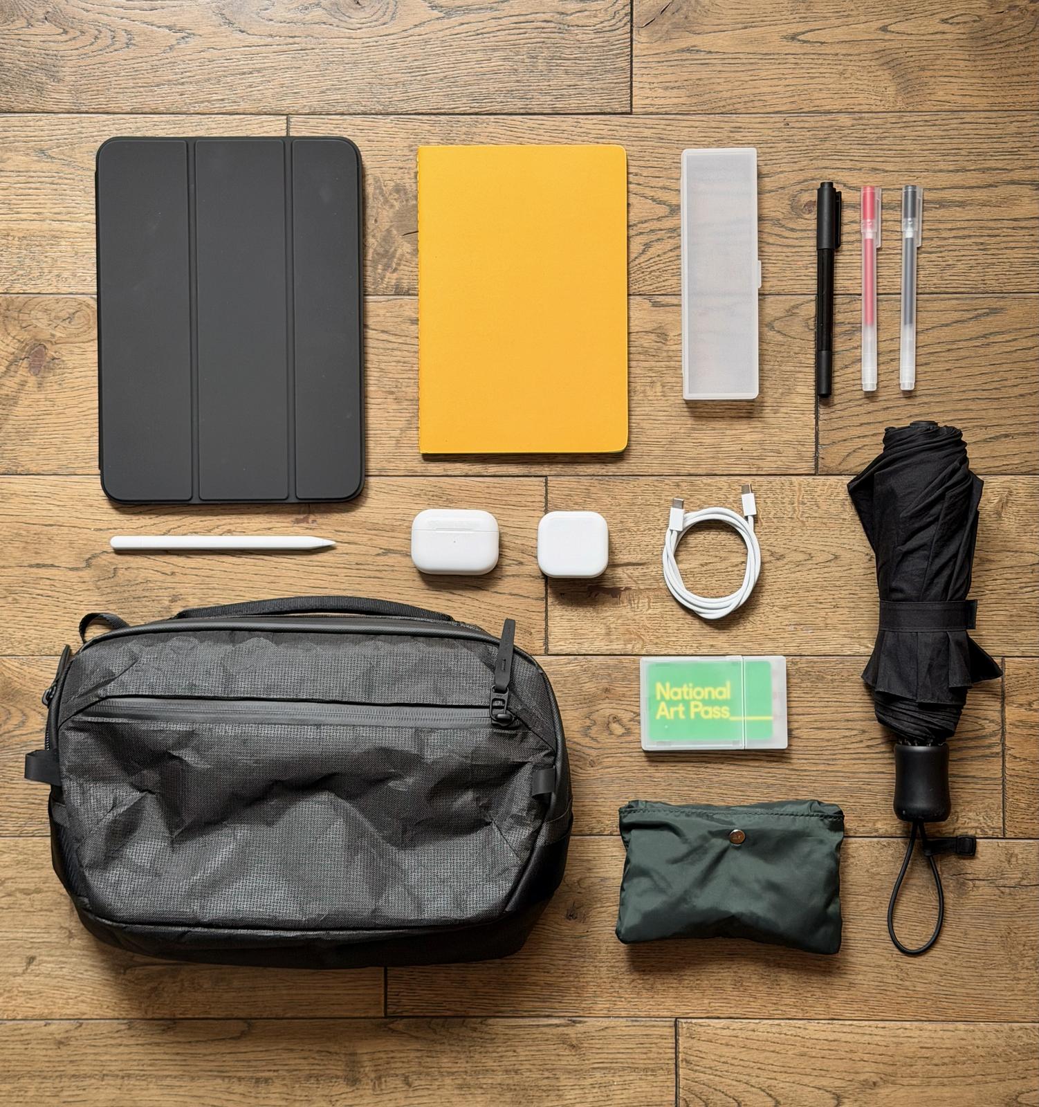 Flatlay of the items in my bag