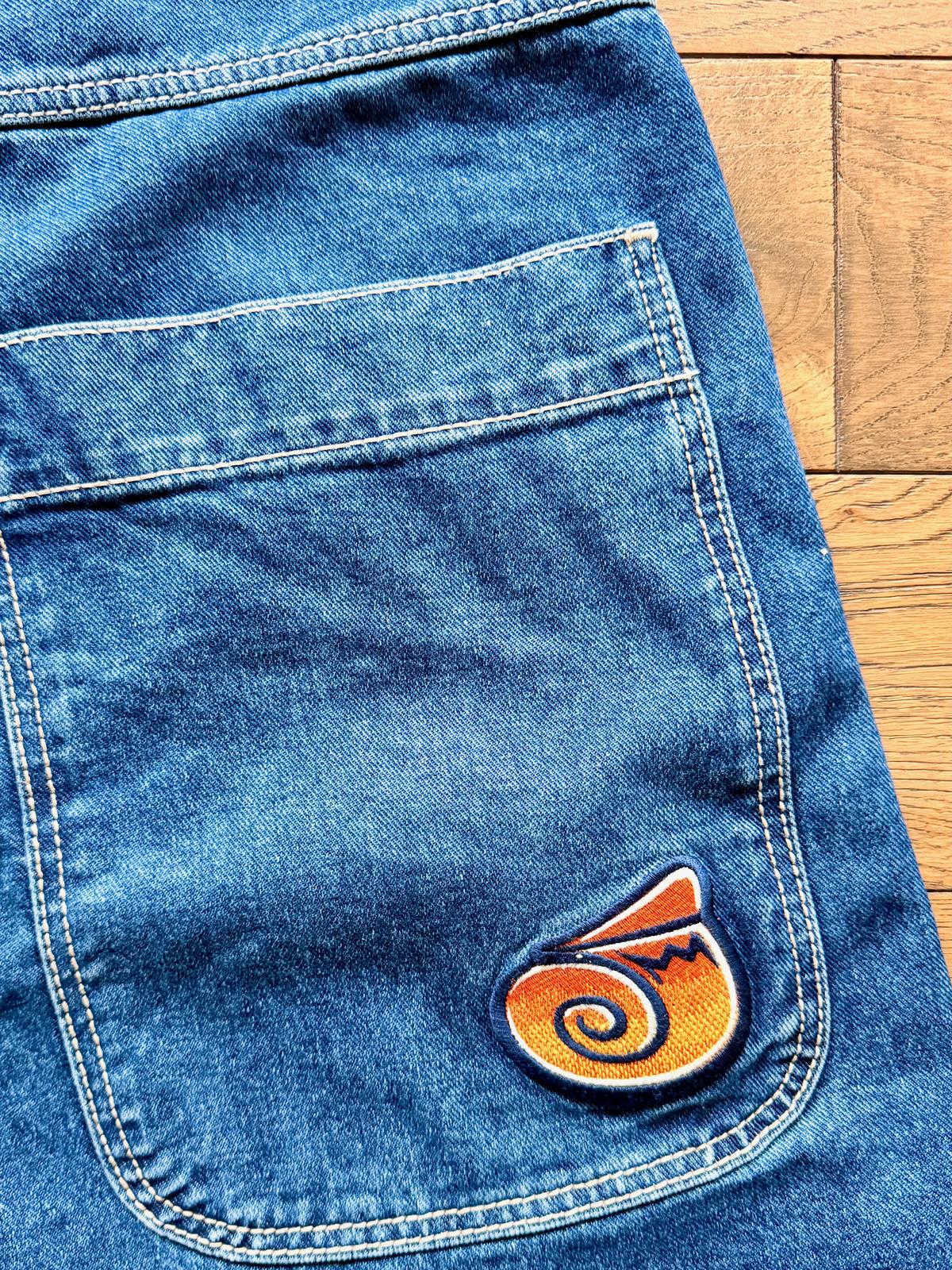 Close-up of the Twin Cannon back pocket embroidery